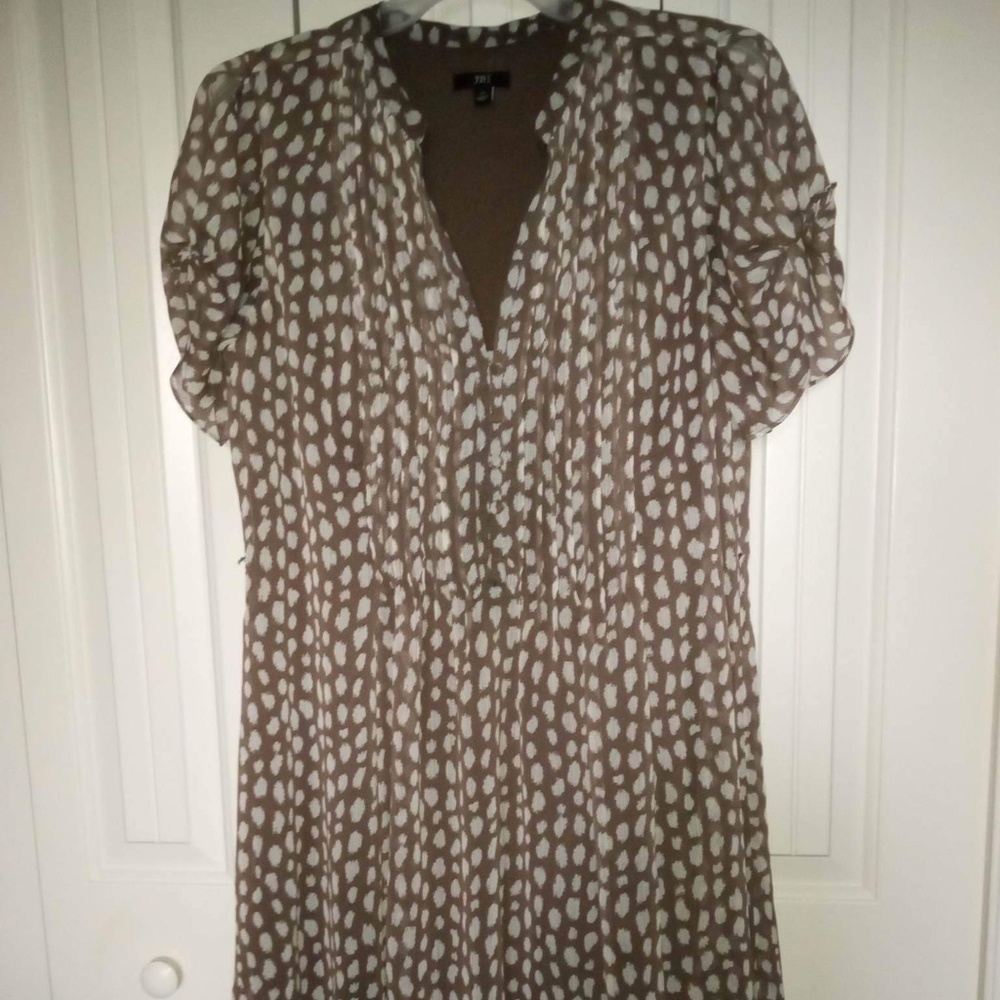 JBS Brown Taupe Chiffon Lined Dress Size 14, Short Sleeve, Fabric Belt, V-Neck